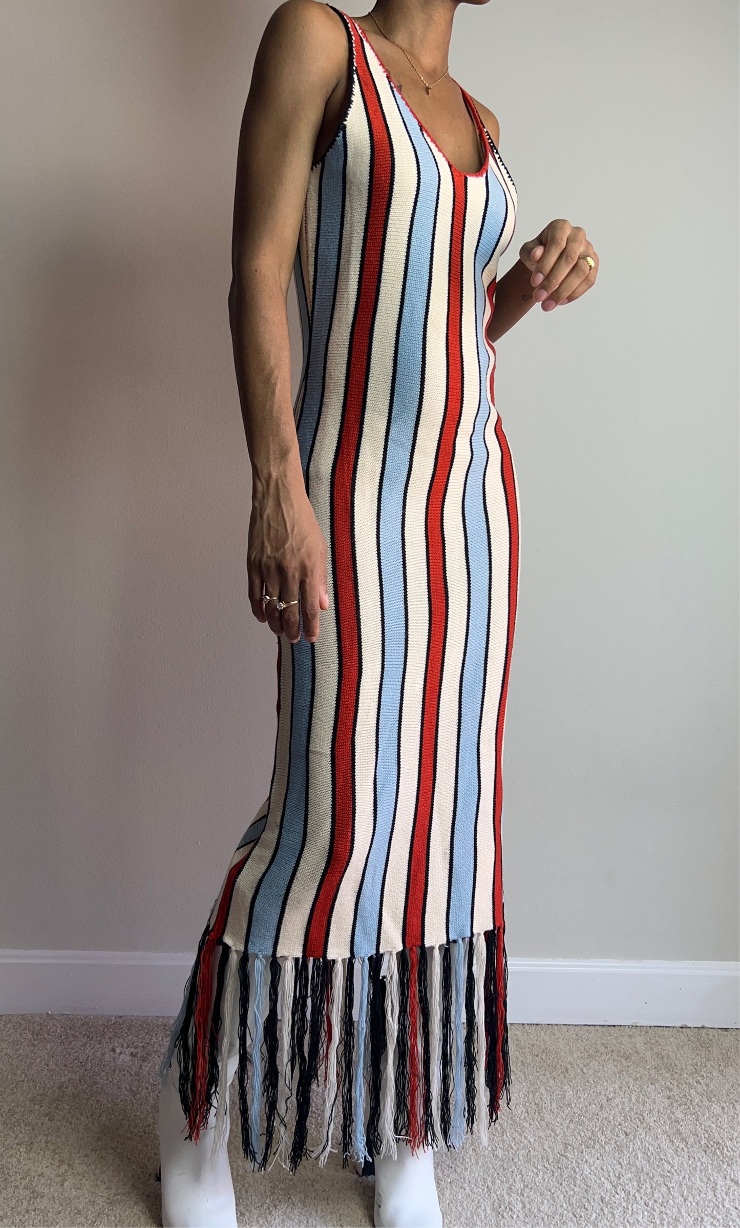 Worth The Tassle Striped Fringe Midi Dress