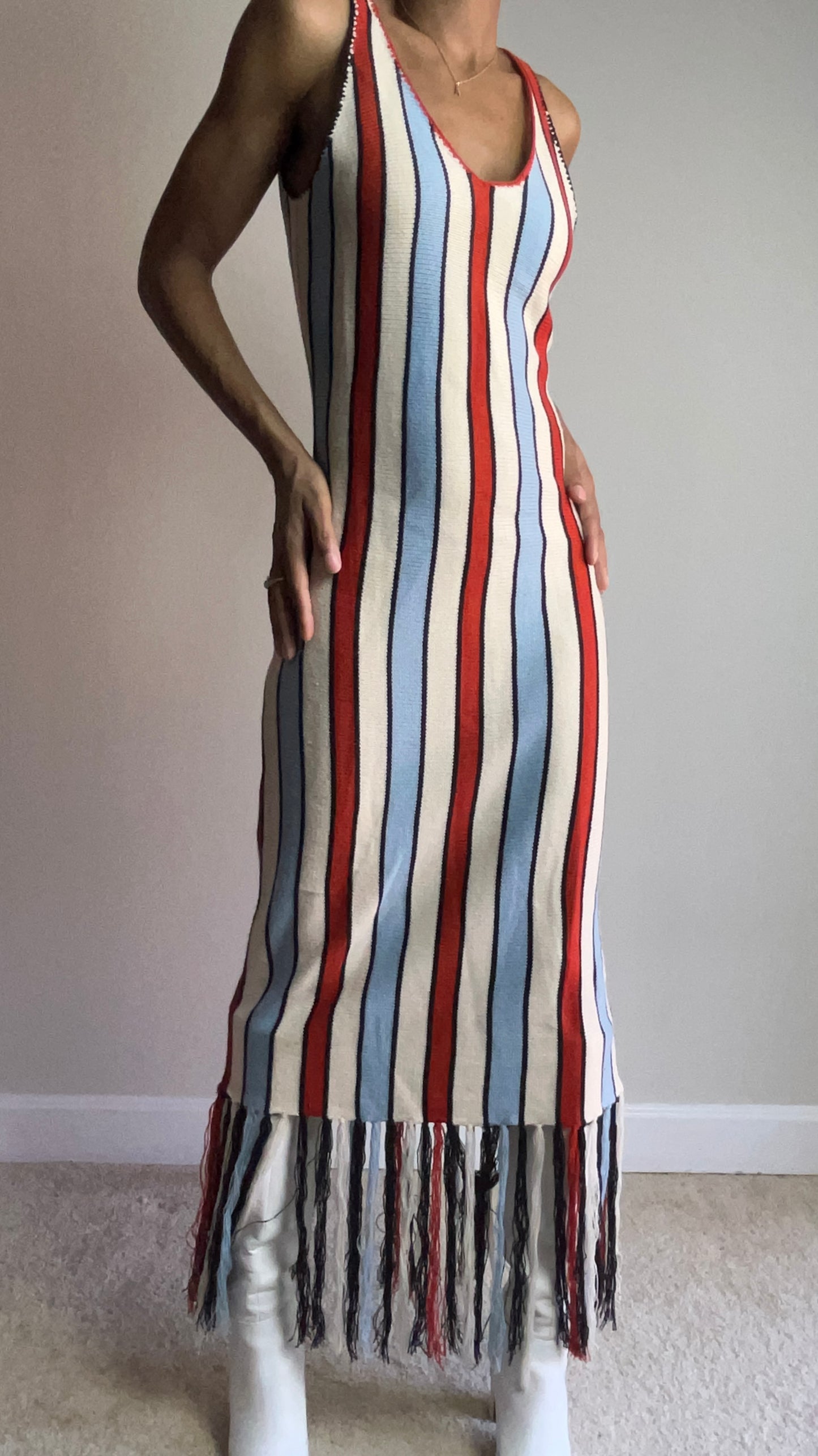 Worth The Tassle Striped Fringe Midi Dress