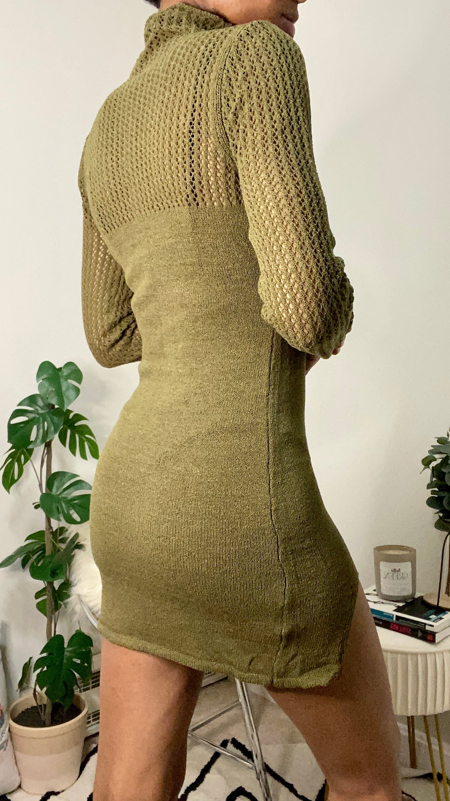 Mesh On My Sleeve Mock Neck Knit Mini Dress - Dark Olive